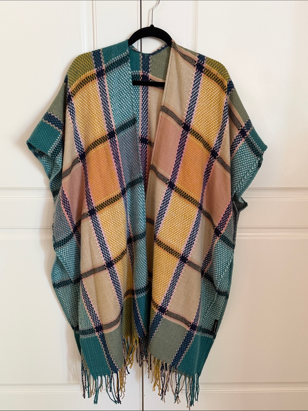 Anthropologie Teal, Mustard, and Cream Plaid Fringe Shawl